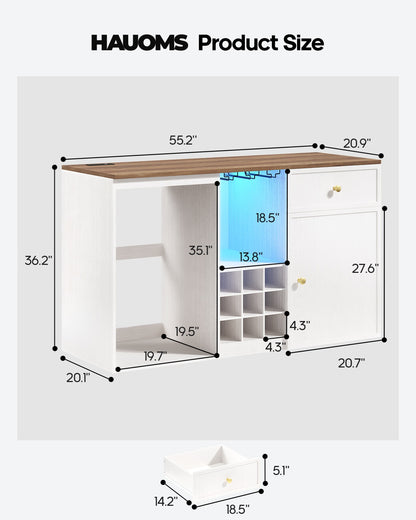 HAUOMS 55.2 Inch wide Coffee Bar Cabinet with Fridge Space and storage drawer Home Wine Bar with Power outlets and LED lights Coffee bar buffet sideboard with wine rack