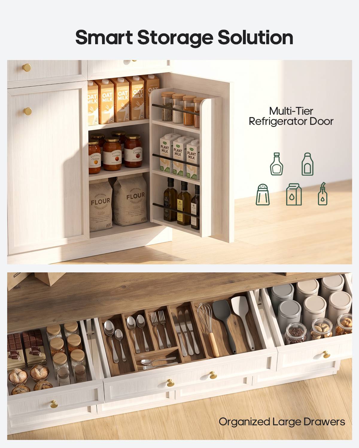 HAUOMS 72.9 Inch Tall Storage Cabinet with Charging Station and LED Lights Kitchen Pantry with Wine Rack and Spacious Drawers Ergonomic Fridge-Door Design