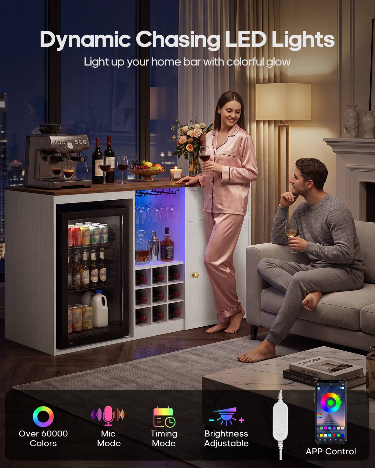 HAUOMS 55.2 Inch wide Coffee Bar Cabinet with Fridge Space and storage drawer Home Wine Bar with Power outlets and LED lights Coffee bar buffet sideboard with wine rack
