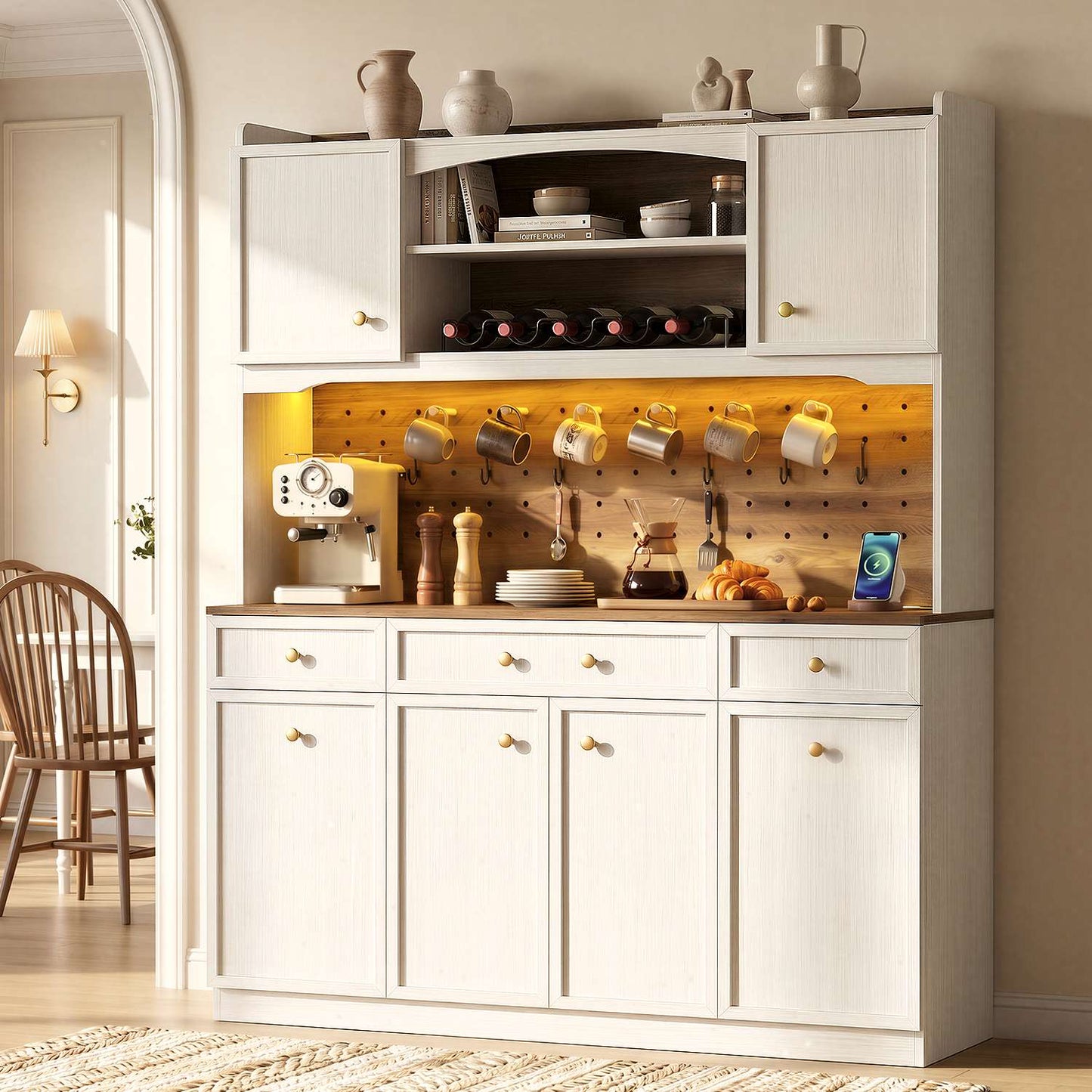 HAUOMS 72.9 Inch Tall Storage Cabinet with Charging Station and LED Lights Kitchen Pantry with Wine Rack and Spacious Drawers Ergonomic Fridge-Door Design