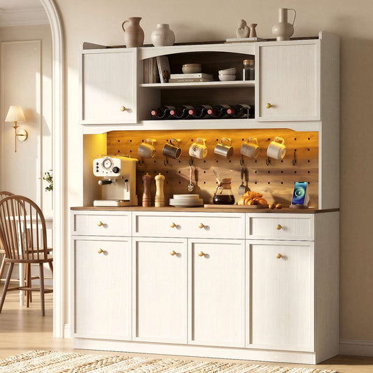 HAUOMS 72.9 Inch Tall Storage Cabinet with Charging Station and LED Lights Kitchen Pantry with Wine Rack and Spacious Drawers Ergonomic Fridge-Door Design