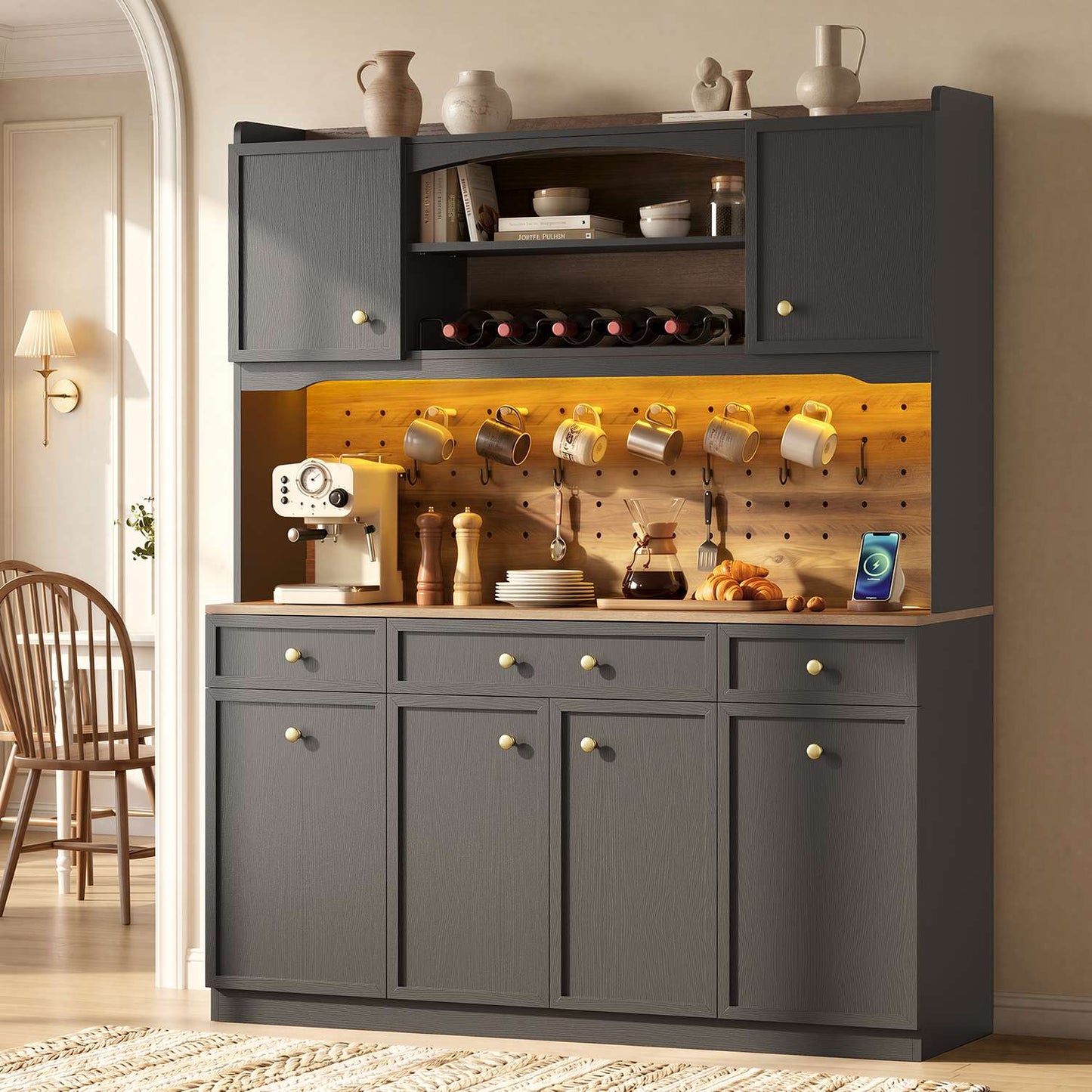 HAUOMS 72.9 Inch Tall Storage Cabinet with Charging Station and LED Lights Kitchen Pantry with Wine Rack and Spacious Drawers Ergonomic Fridge-Door Design