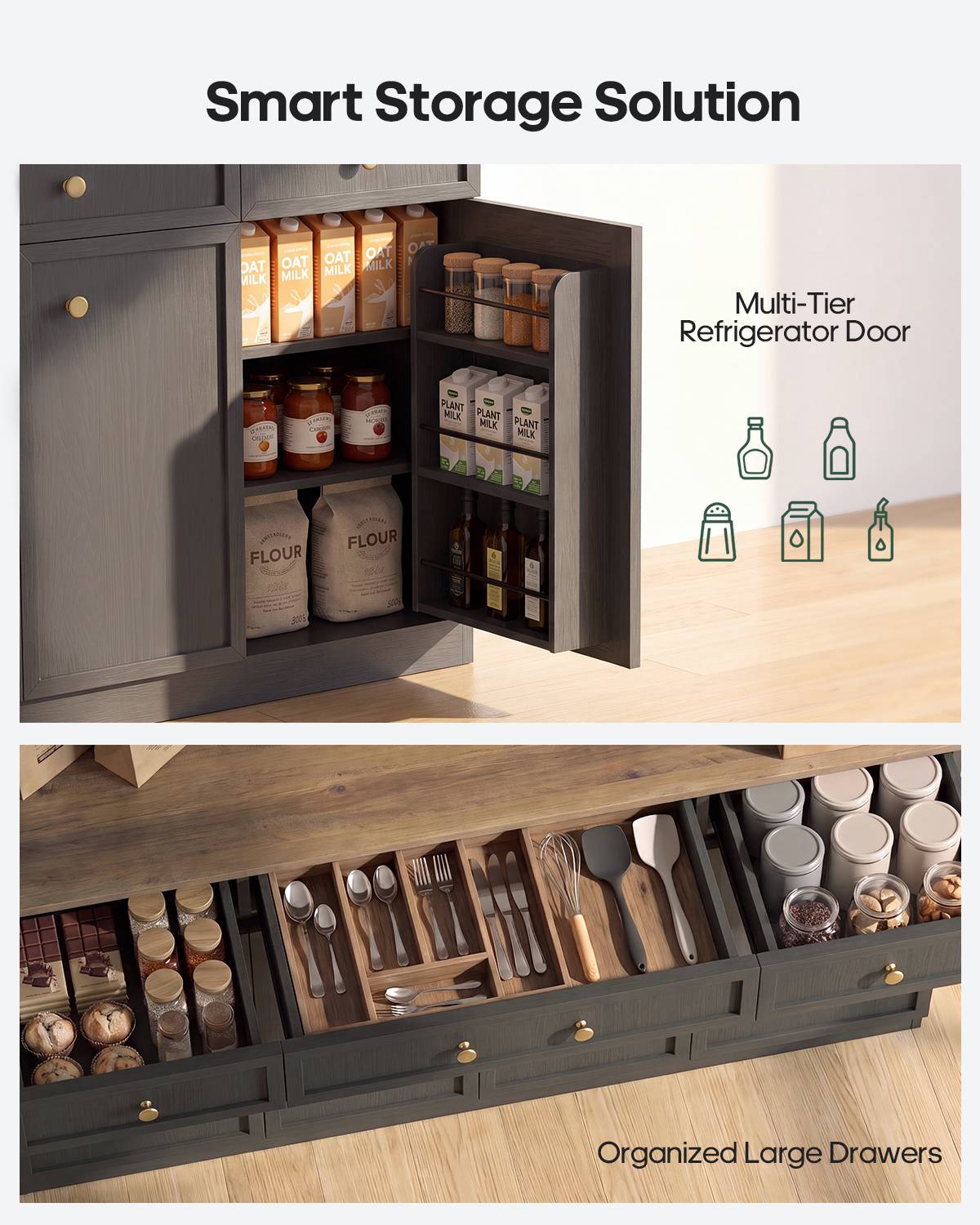 HAUOMS 72.9 Inch Tall Storage Cabinet with Charging Station and LED Lights Kitchen Pantry with Wine Rack and Spacious Drawers Ergonomic Fridge-Door Design