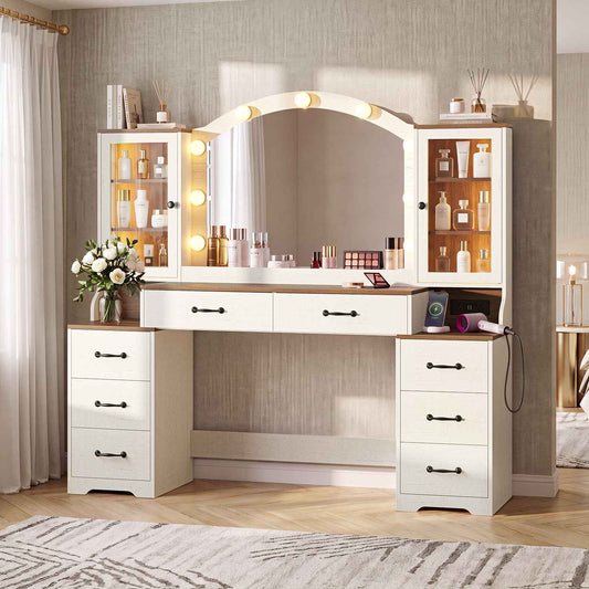HAUOMS 59.1 Inch Vanity with Mirror and LED Lights Farmhouse Western 8 Drawers Dressing Table with Charging Station for Girls Women