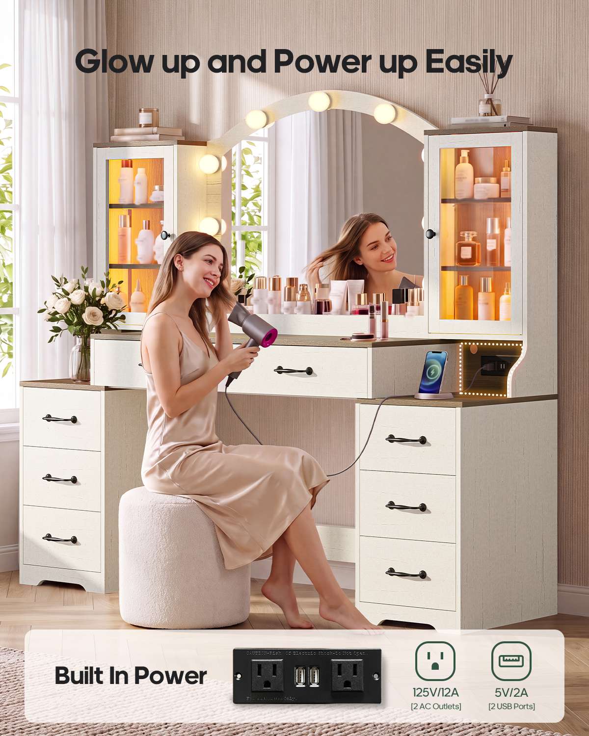 HAUOMS 59.1 Inch Vanity with Mirror and LED Lights Farmhouse Western 8 Drawers Dressing Table with Charging Station for Girls Women