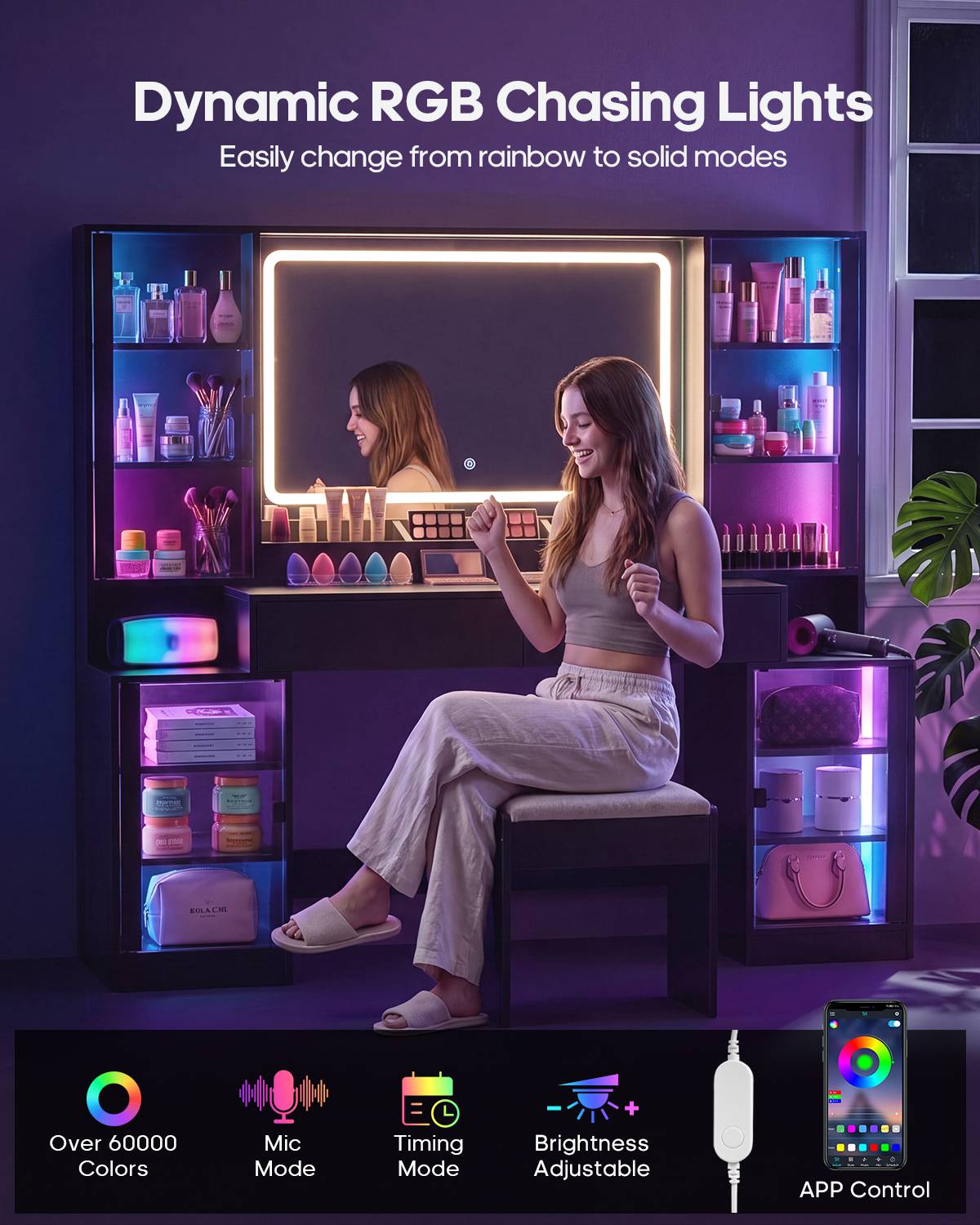 HAUOMS 59.1 Inch Vanity with RGB Sound Sync Lights and charging station Large Makeup Vanity Desk with 2 drawers and 4 glass cabinets for girl and women