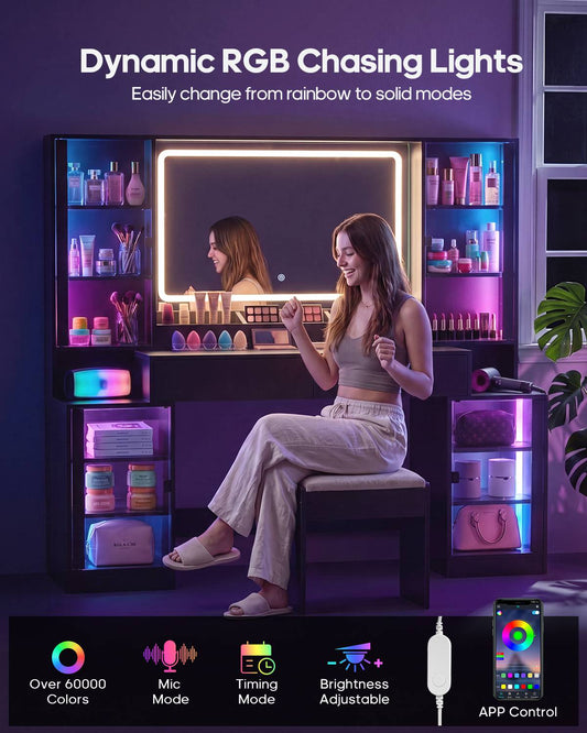 HAUOMS 59.1 Inch Vanity with RGB Sound Sync Lights and charging station Large Makeup Vanity Desk with 2 drawers and 4 glass cabinets for girl and women