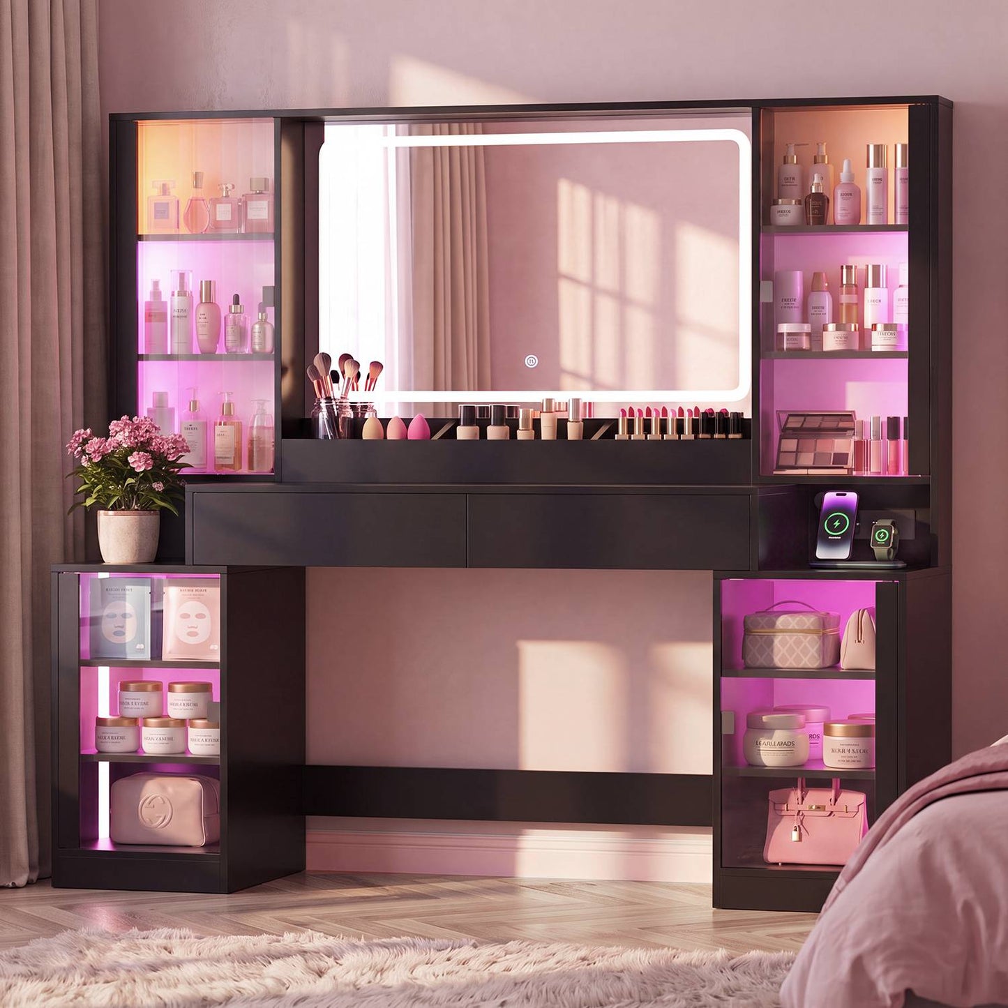 HAUOMS 59.1 Inch Vanity with RGB Sound Sync Lights and charging station Large Makeup Vanity Desk with 2 drawers and 4 glass cabinets for girl and women