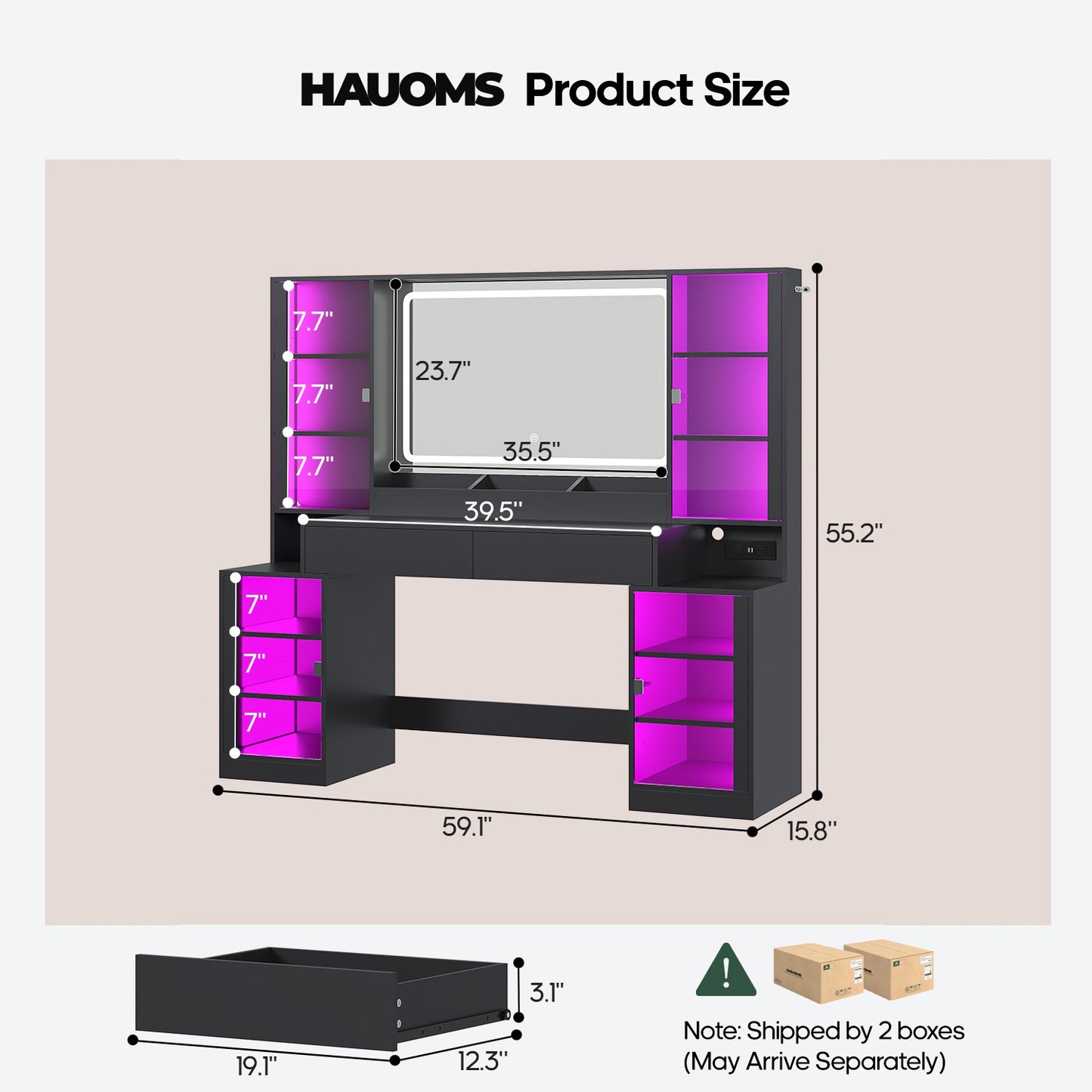 HAUOMS 59.1 Inch Vanity with RGB Sound Sync Lights and charging station Large Makeup Vanity Desk with 2 drawers and 4 glass cabinets for girl and women