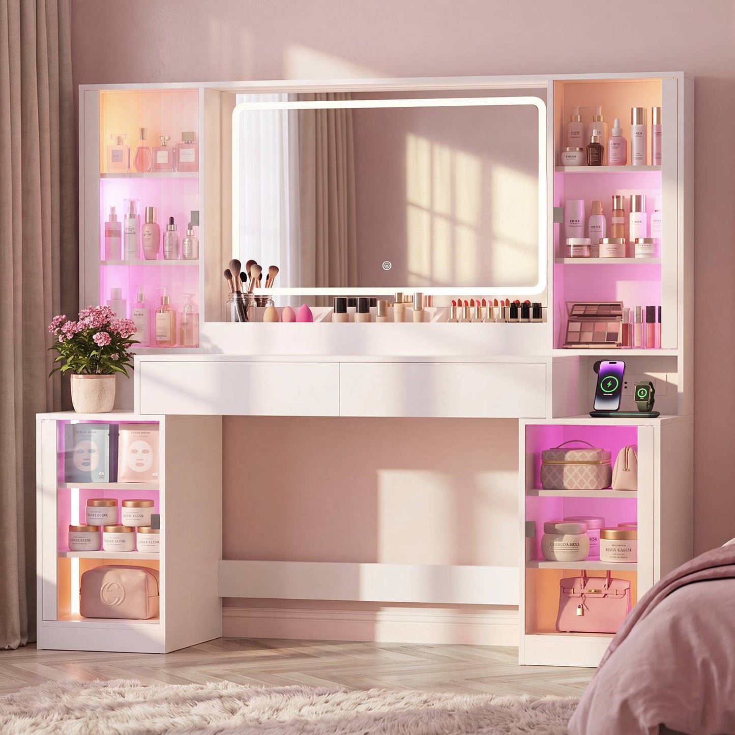 HAUOMS 59.1 Inch Vanity with RGB Sound Sync Lights and charging station Large Makeup Vanity Desk with 2 drawers and 4 glass cabinets for girl and women