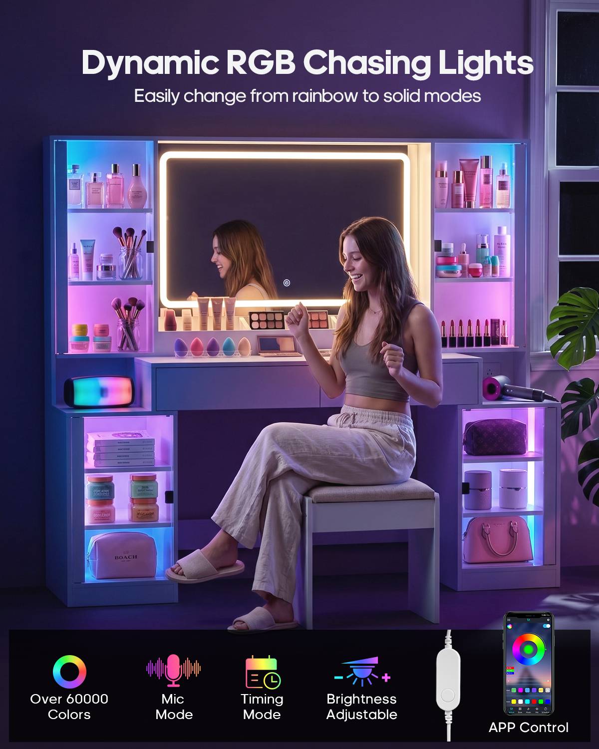 HAUOMS 59.1 Inch Vanity with RGB Sound Sync Lights and charging station Large Makeup Vanity Desk with 2 drawers and 4 glass cabinets for girl and women