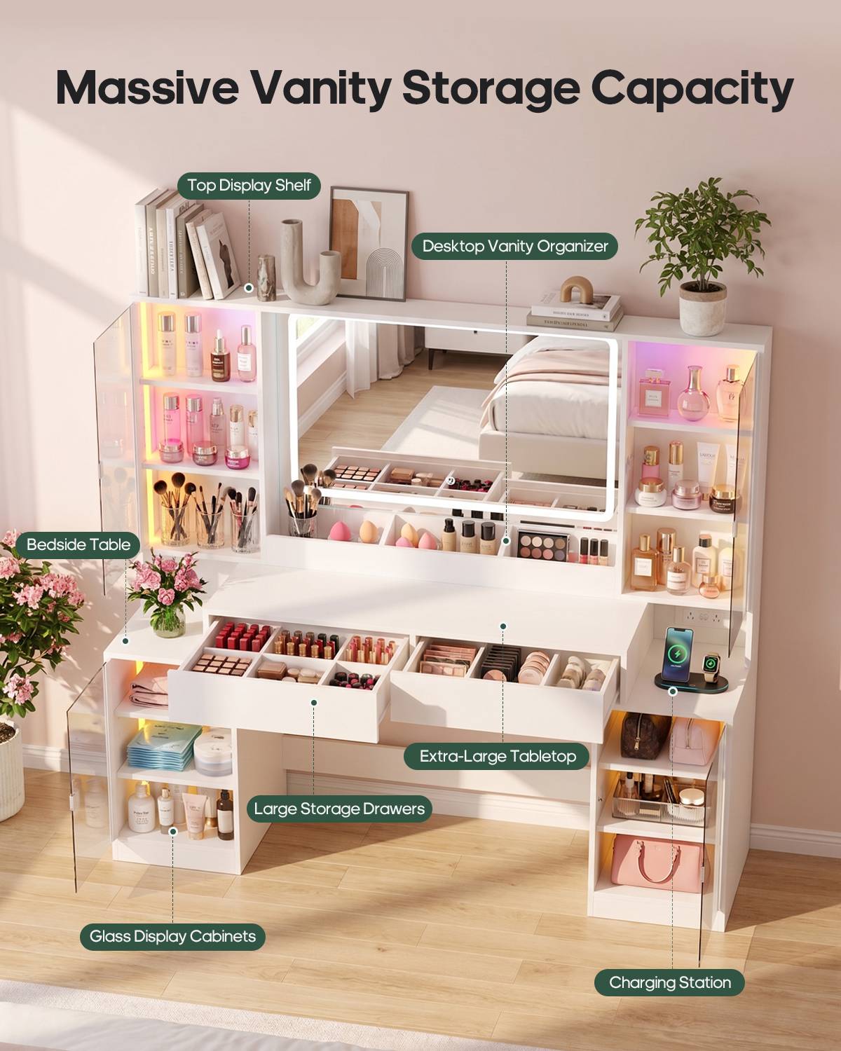 HAUOMS 59.1 Inch Vanity with RGB Sound Sync Lights and charging station Large Makeup Vanity Desk with 2 drawers and 4 glass cabinets for girl and women