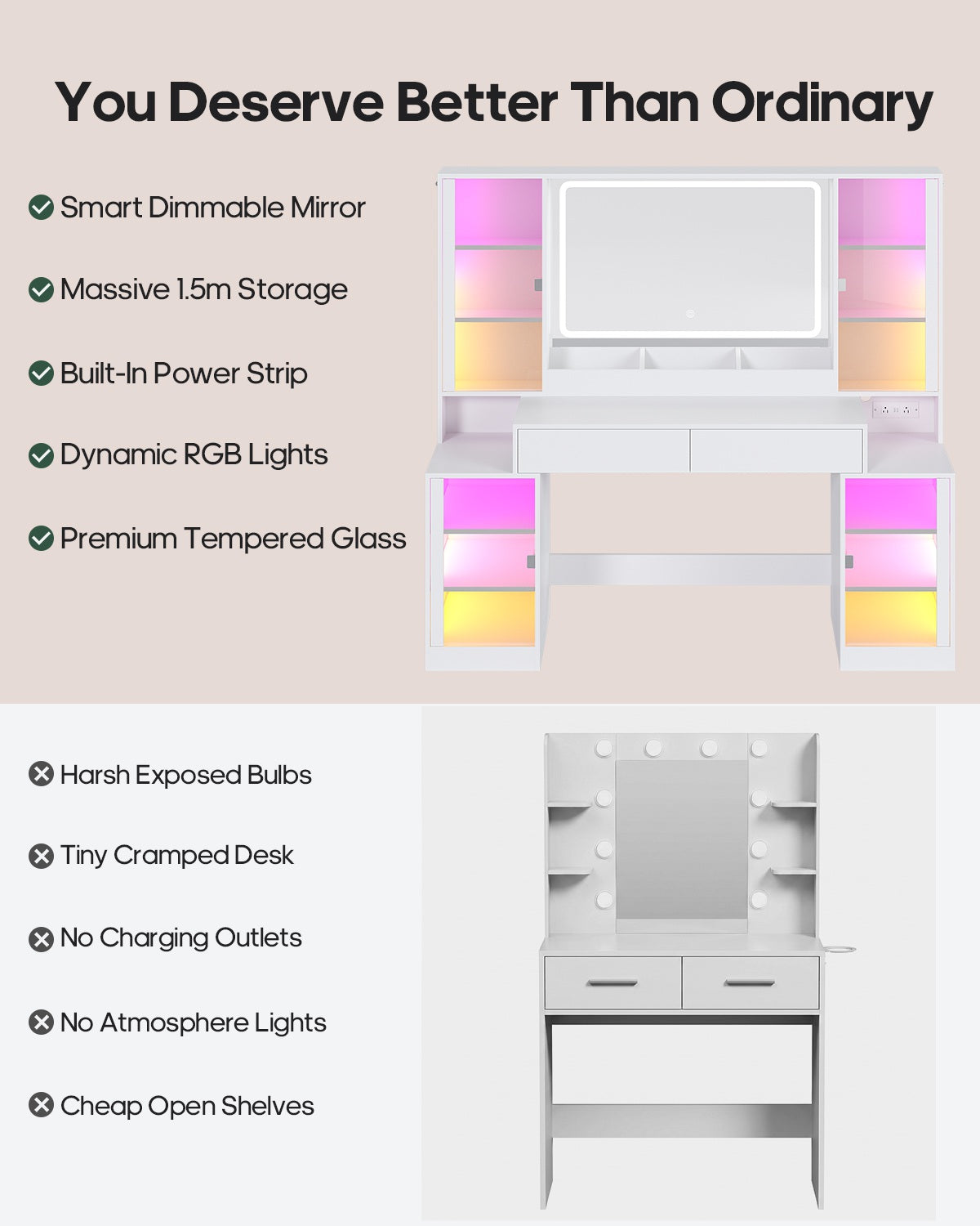 HAUOMS 59.1 Inch Vanity with RGB Sound Sync Lights and charging station Large Makeup Vanity Desk with 2 drawers and 4 glass cabinets for girl and women