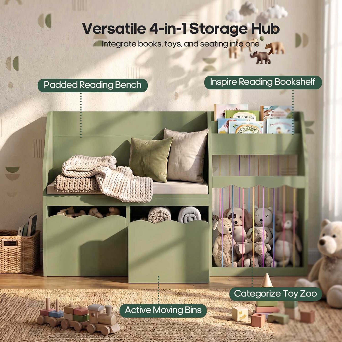 HAUOMS 50 Inch Bookshelf with Reading Nook and Toy Storage Organizer 4-in-1 Kids Bookcase with Padded Bench and 2 Removable Bins for Living Room