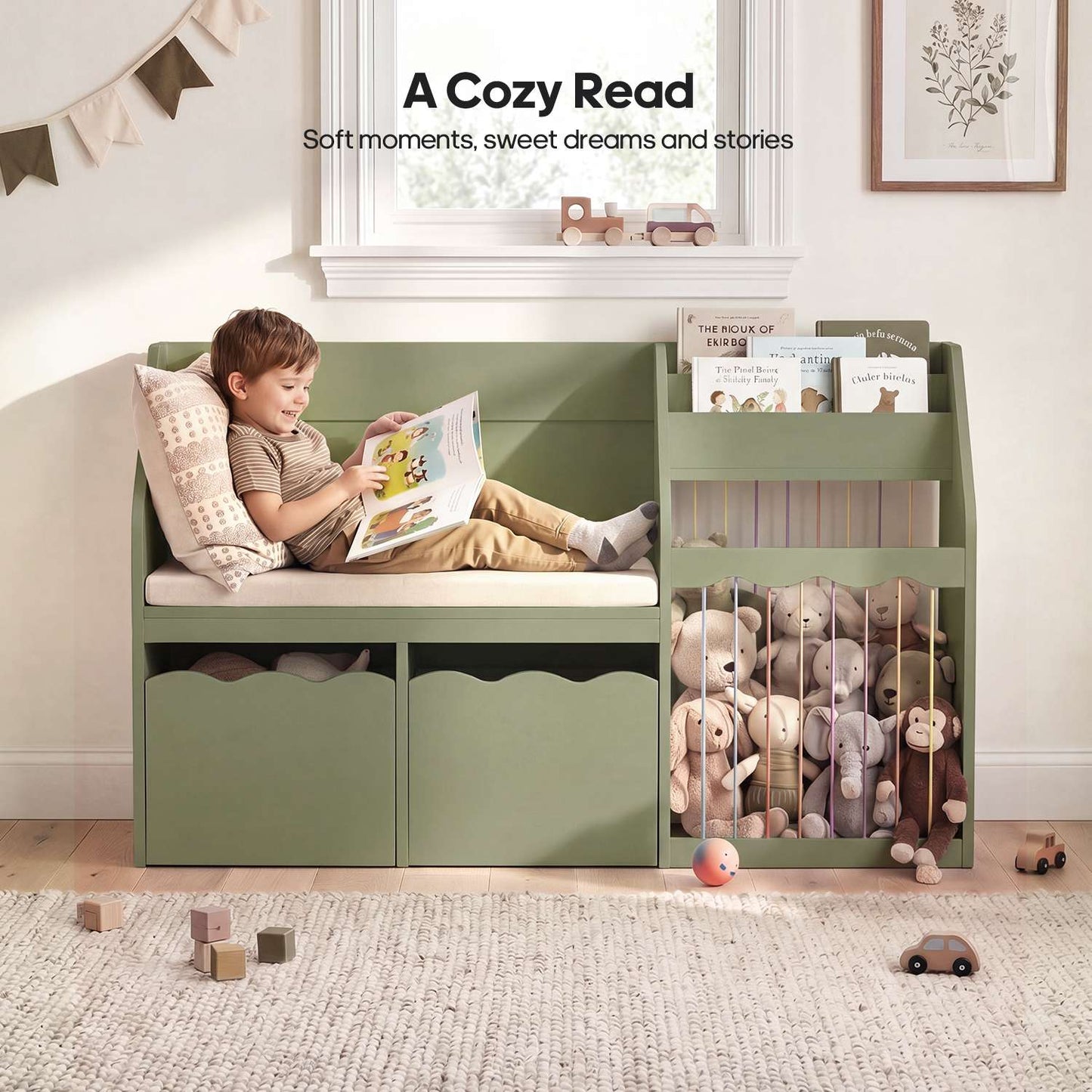 HAUOMS 50 Inch Bookshelf with Reading Nook and Toy Storage Organizer 4-in-1 Kids Bookcase with Padded Bench and 2 Removable Bins for Living Room