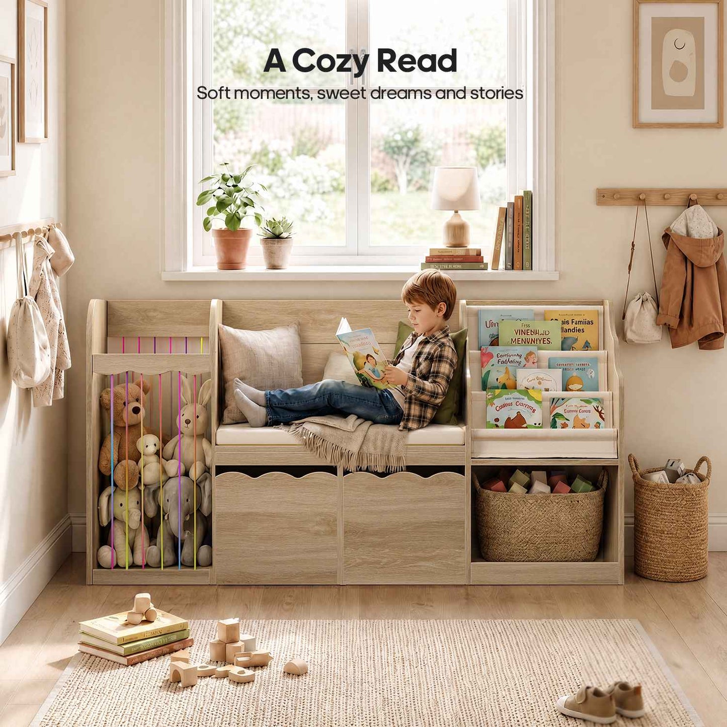 HAUOMS 63 Inch Bookshelf with Storage 5-in-1 Bookcase with Padded Bench and 2 Removable Bins Reading Nook Toy Storage Organizer Open Cubby for Living Room