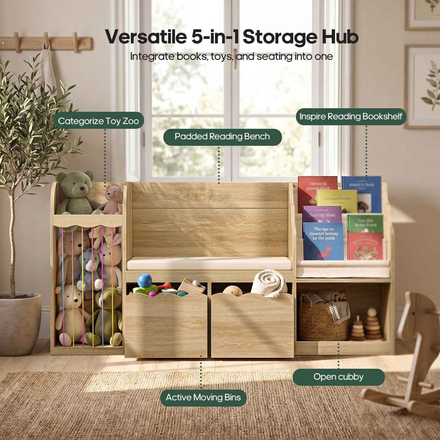 HAUOMS 63 Inch Bookshelf with Storage 5-in-1 Bookcase with Padded Bench and 2 Removable Bins Reading Nook Toy Storage Organizer Open Cubby for Living Room