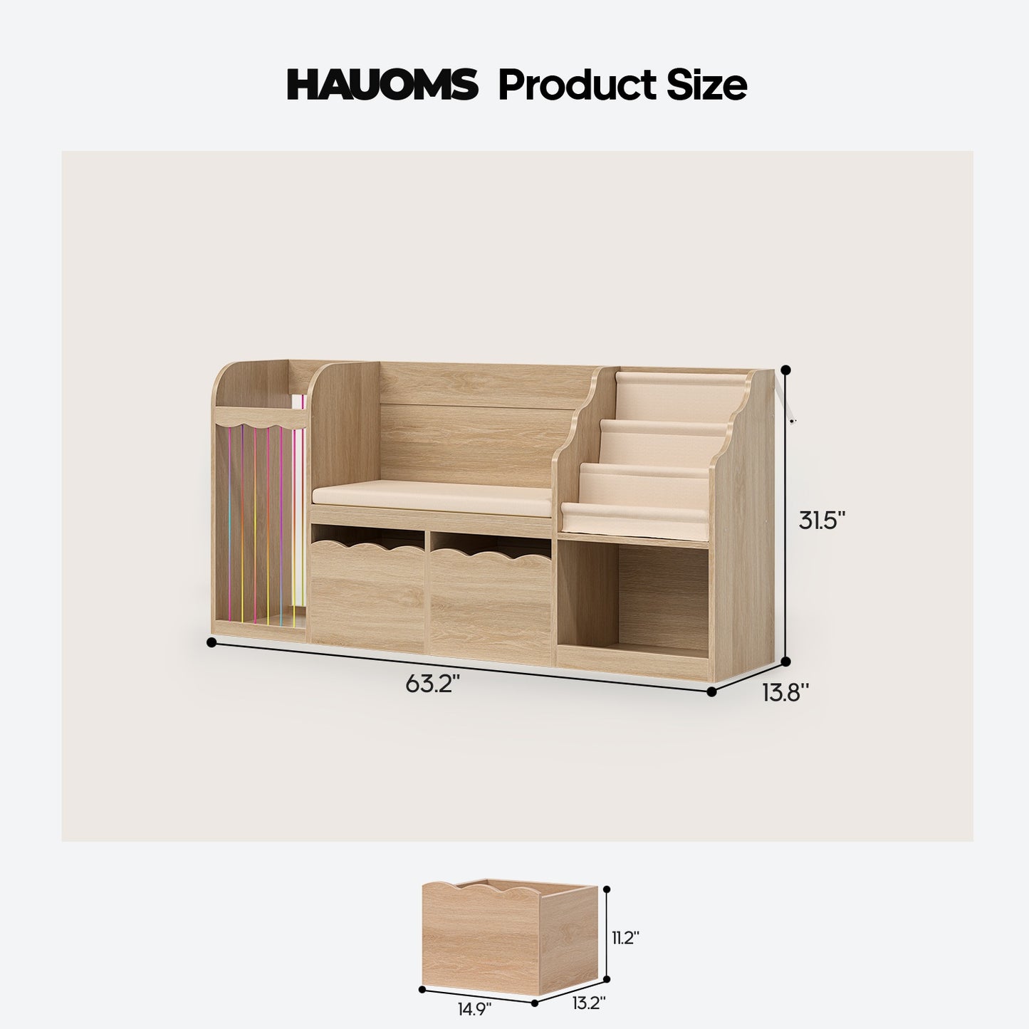 HAUOMS 63 Inch Bookshelf with Storage 5-in-1 Bookcase with Padded Bench and 2 Removable Bins Reading Nook Toy Storage Organizer Open Cubby for Living Room