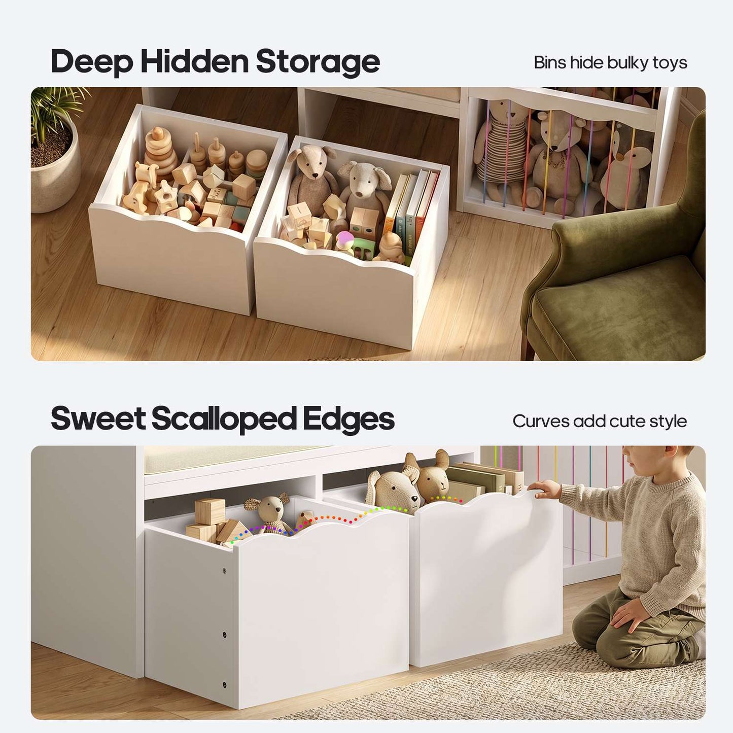 HAUOMS 50 Inch Bookshelf with Reading Nook and Toy Storage Organizer 4-in-1 Kids Bookcase with Padded Bench and 2 Removable Bins for Living Room