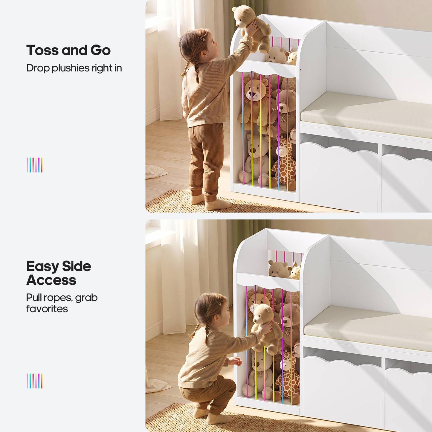 HAUOMS 63 Inch Bookshelf with Storage 5-in-1 Bookcase with Padded Bench and 2 Removable Bins Reading Nook Toy Storage Organizer Open Cubby for Living Room