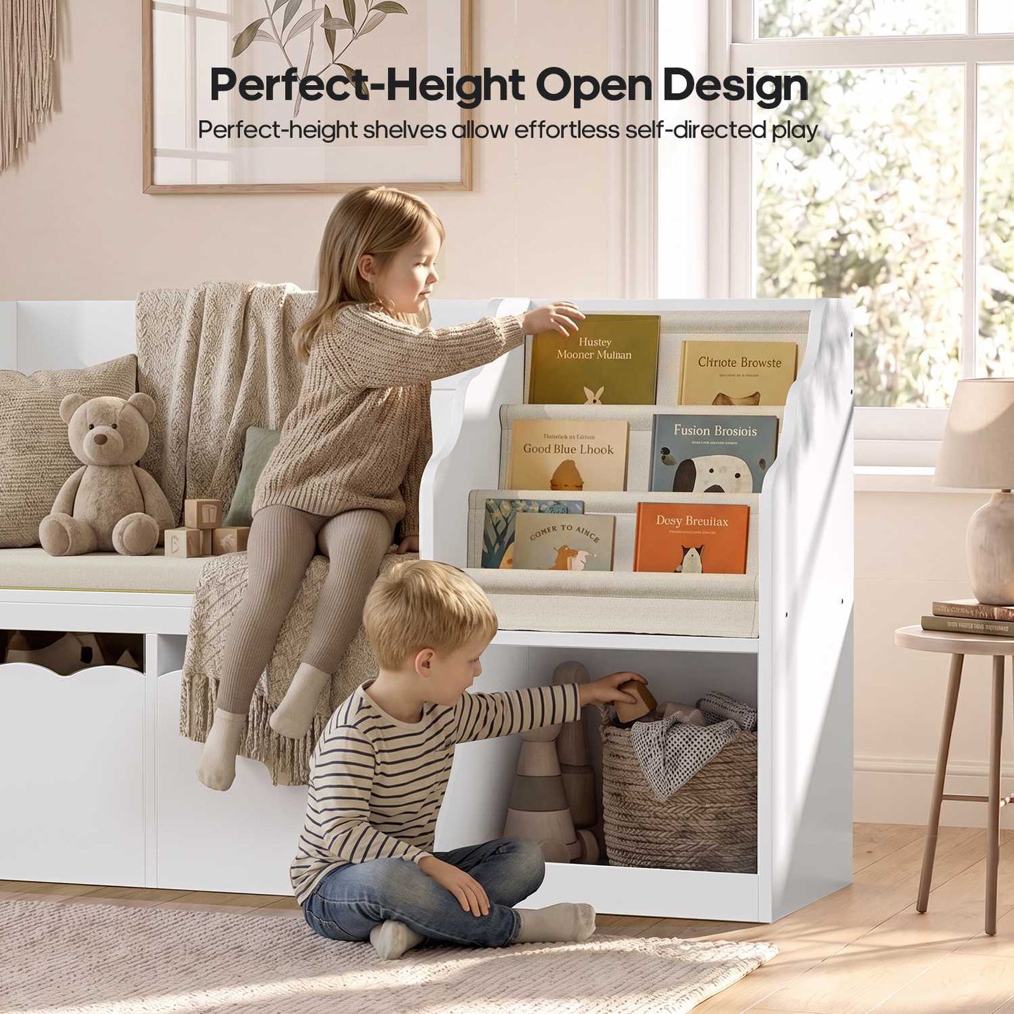 HAUOMS 63 Inch Bookshelf with Storage 5-in-1 Bookcase with Padded Bench and 2 Removable Bins Reading Nook Toy Storage Organizer Open Cubby for Living Room