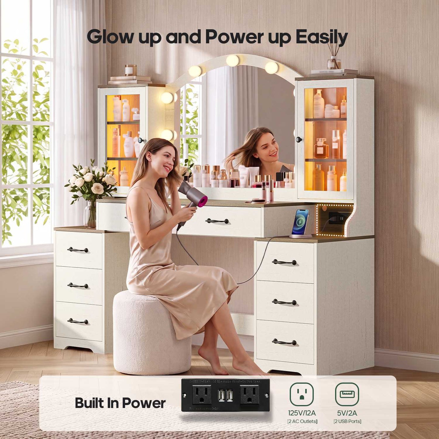 HAUOMS 59.1 Inch Vanity with Mirror and LED Lights Farmhouse Western 8 Drawers Dressing Table with Charging Station for Girls Women