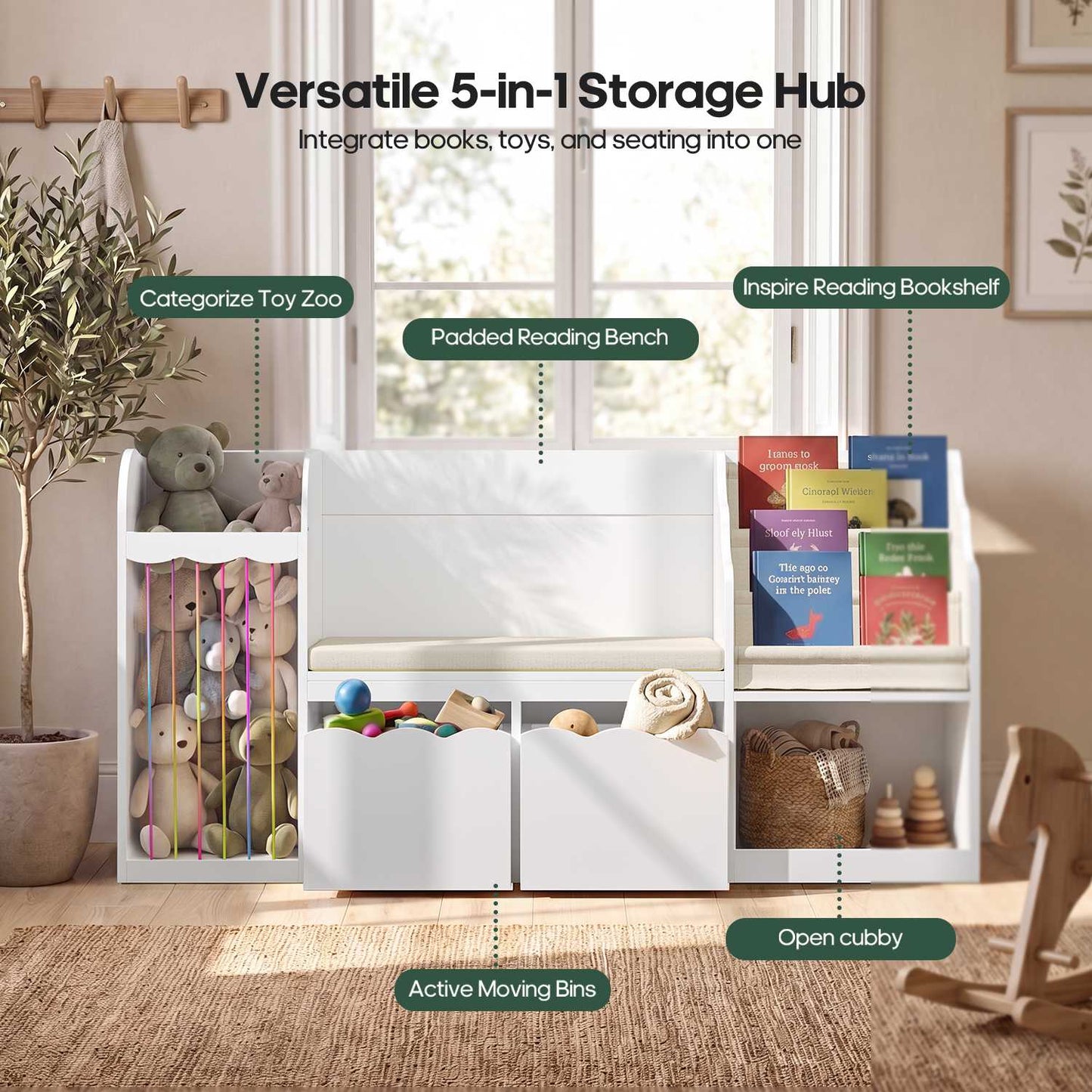 HAUOMS 63 Inch Bookshelf with Storage 5-in-1 Bookcase with Padded Bench and 2 Removable Bins Reading Nook Toy Storage Organizer Open Cubby for Living Room