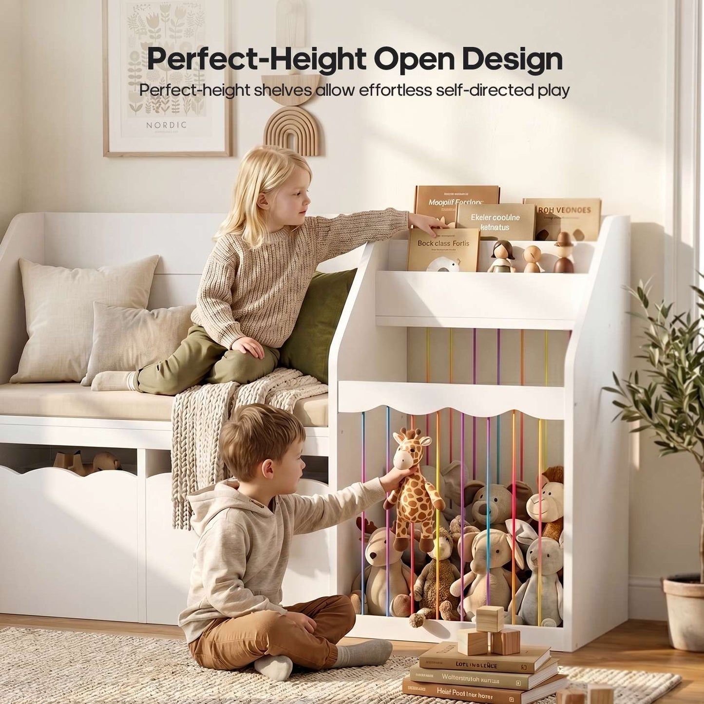 HAUOMS 50 Inch Bookshelf with Reading Nook and Toy Storage Organizer 4-in-1 Kids Bookcase with Padded Bench and 2 Removable Bins for Living Room