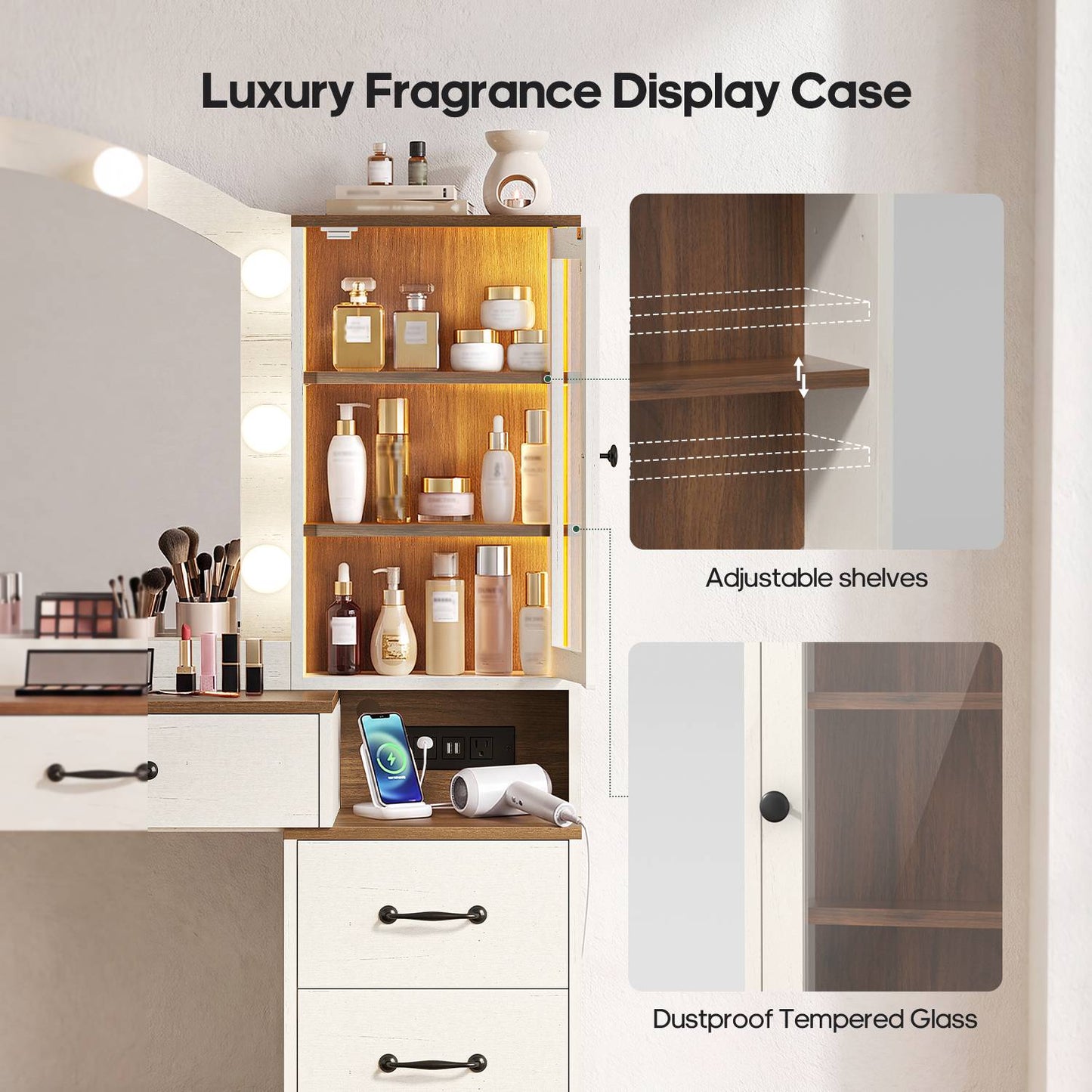 HAUOMS 59.1 Inch Vanity with Mirror and LED Lights Farmhouse Western 8 Drawers Dressing Table with Charging Station for Girls Women