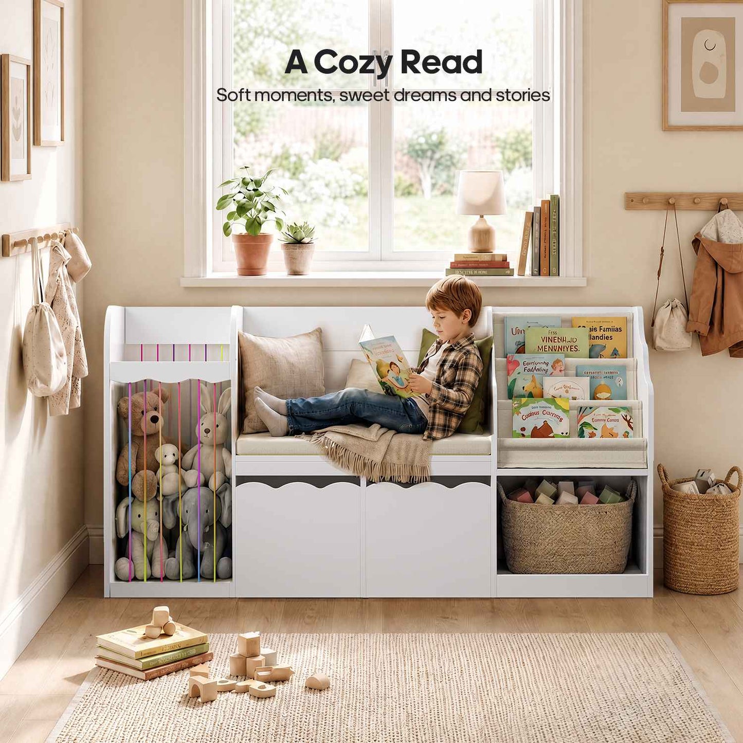 HAUOMS 63 Inch Bookshelf with Storage 5-in-1 Bookcase with Padded Bench and 2 Removable Bins Reading Nook Toy Storage Organizer Open Cubby for Living Room