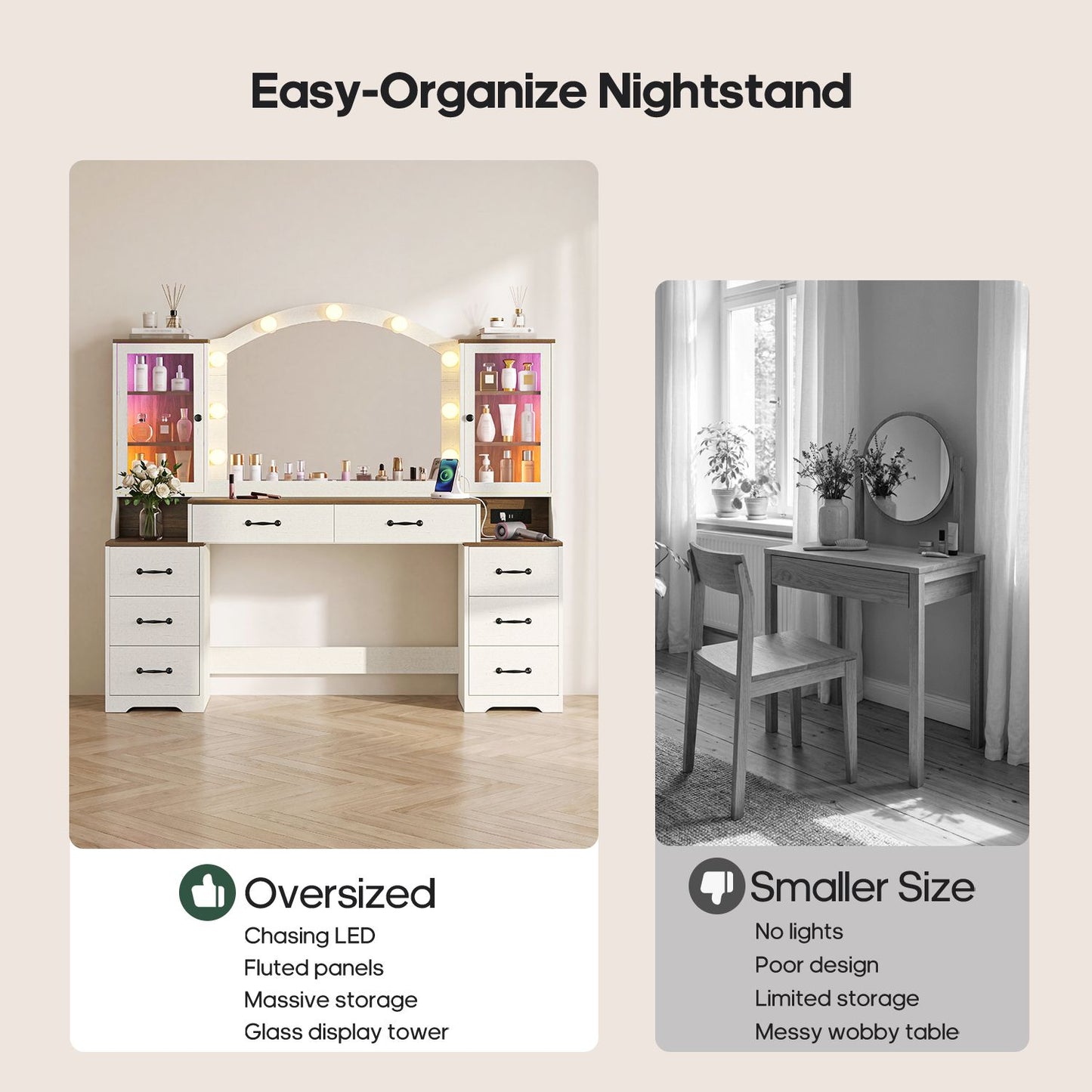 HAUOMS 59.1 Inch Vanity with Mirror and LED Lights Farmhouse Western 8 Drawers Dressing Table with Charging Station for Girls Women