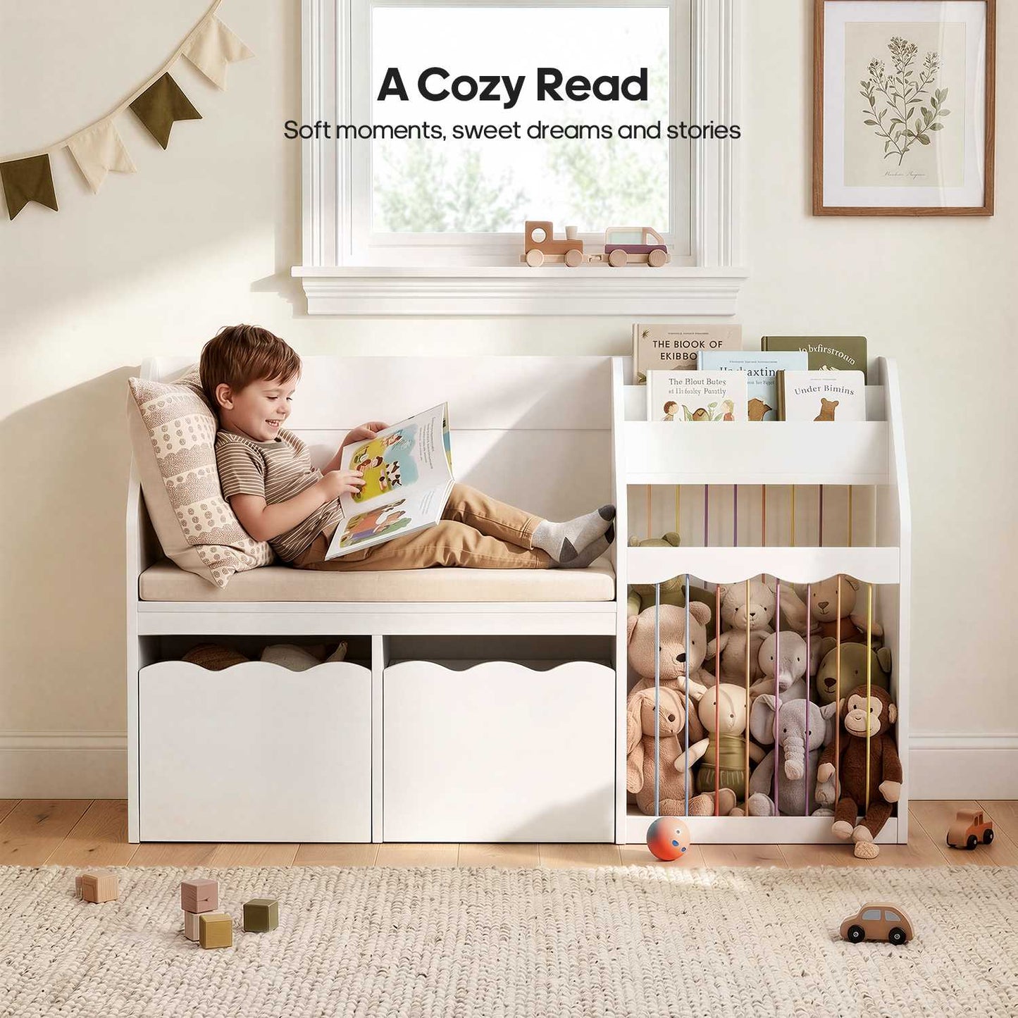 HAUOMS 50 Inch Bookshelf with Reading Nook and Toy Storage Organizer 4-in-1 Kids Bookcase with Padded Bench and 2 Removable Bins for Living Room