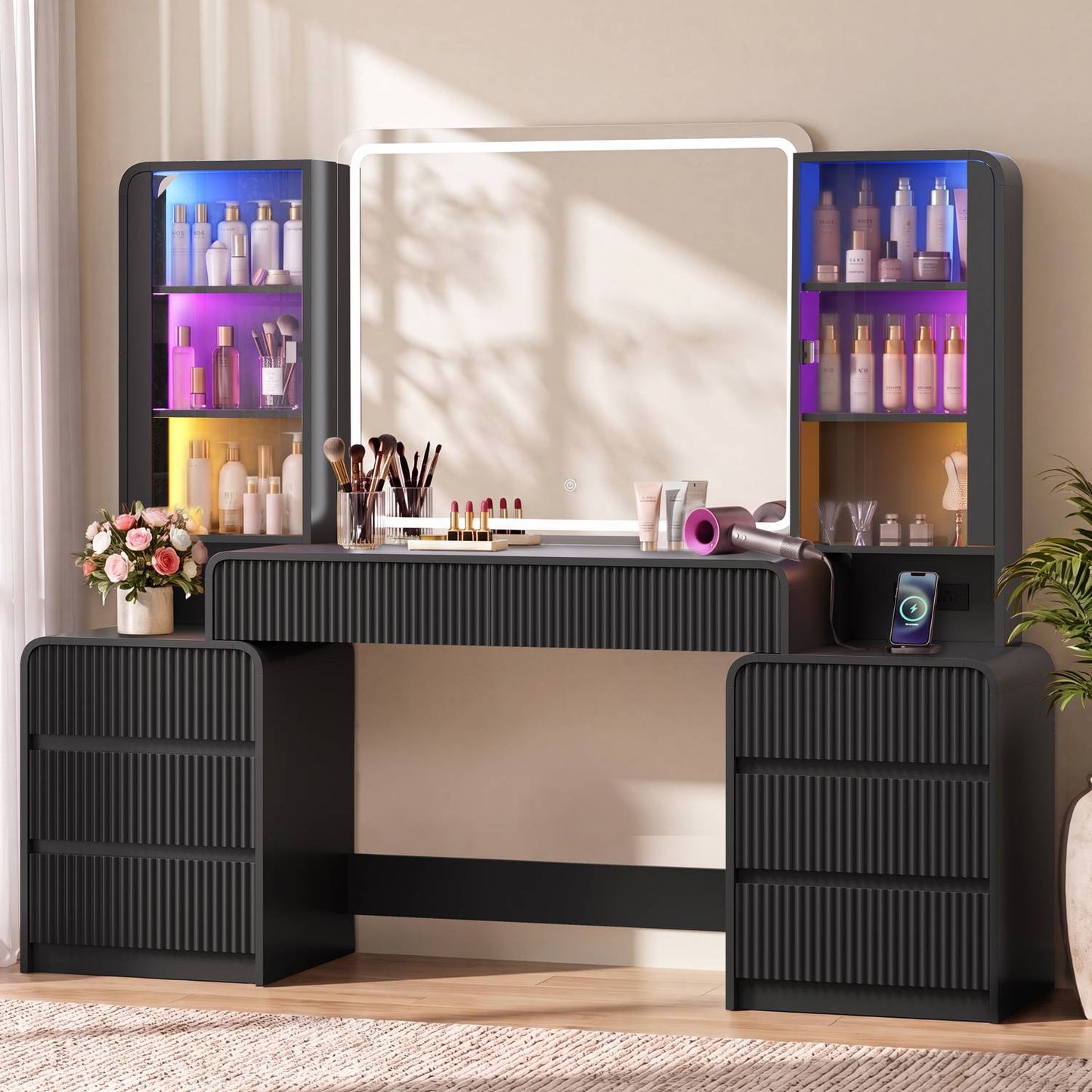 HAUOMS 63 Inch Makeup Vanity with Mirror and Charging Station Fluted Wood Big Vanity with Glass Cabinet and 8 Drawers Curved Dressing Table for Girls and Women