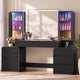 HAUOMS 63 Inch Makeup Vanity with Mirror and Charging Station Fluted Wood Big Vanity with Glass Cabinet and 8 Drawers Curved Dressing Table for Girls and Women