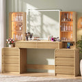 HAUOMS 63 Inch Makeup Vanity with Mirror and Charging Station Fluted Wood Big Vanity with Glass Cabinet and 8 Drawers Curved Dressing Table for Girls and Women