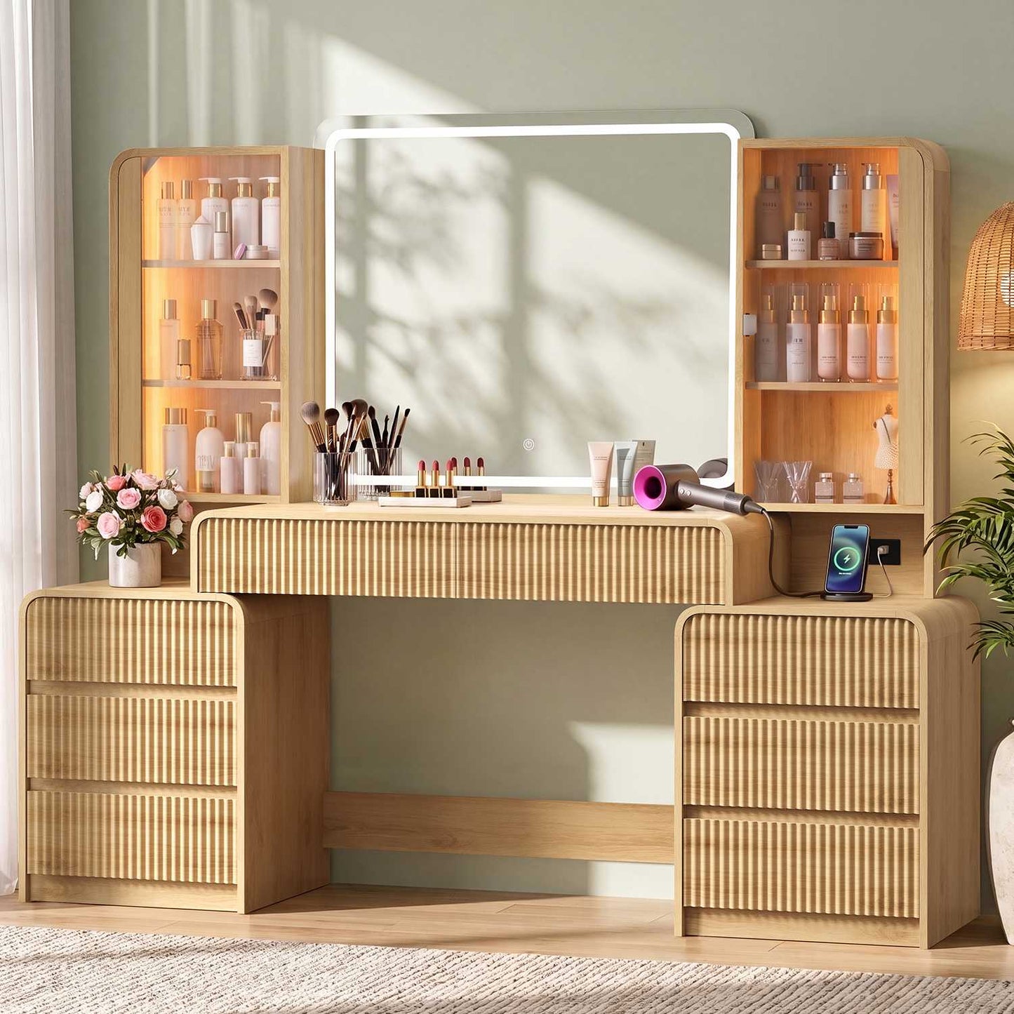 HAUOMS 63 Inch Makeup Vanity with Mirror and Charging Station Fluted Wood Big Vanity with Glass Cabinet and 8 Drawers Curved Dressing Table for Girls and Women