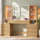 HAUOMS 63 Inch Makeup Vanity with Mirror and Charging Station Fluted Wood Big Vanity with Glass Cabinet and 8 Drawers Curved Dressing Table for Girls and Women
