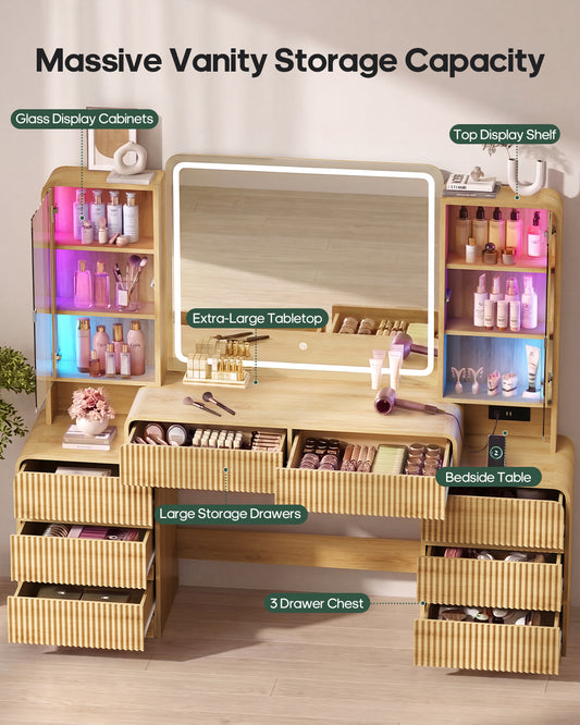 HAUOMS 63 Inch Makeup Vanity with Mirror and Charging Station Fluted Wood Big Vanity with Glass Cabinet and 8 Drawers Curved Dressing Table for Girls and Women