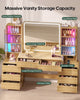 HAUOMS 63 Inch Makeup Vanity with Mirror and Charging Station Fluted Wood Big Vanity with Glass Cabinet and 8 Drawers Curved Dressing Table for Girls and Women