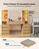 HAUOMS 63 Inch Makeup Vanity with Mirror and Charging Station Fluted Wood Big Vanity with Glass Cabinet and 8 Drawers Curved Dressing Table for Girls and Women