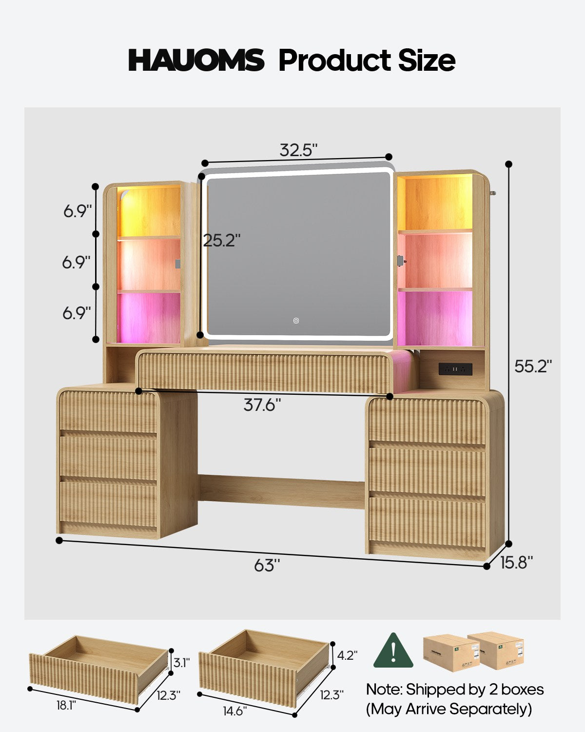 HAUOMS 63 Inch Makeup Vanity with Mirror and Charging Station Fluted Wood Big Vanity with Glass Cabinet and 8 Drawers Curved Dressing Table for Girls and Women