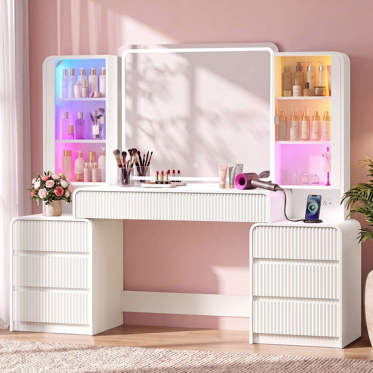 HAUOMS 63 Inch Makeup Vanity with Mirror and Charging Station Fluted Wood Big Vanity with Glass Cabinet and 8 Drawers Curved Dressing Table for Girls and Women