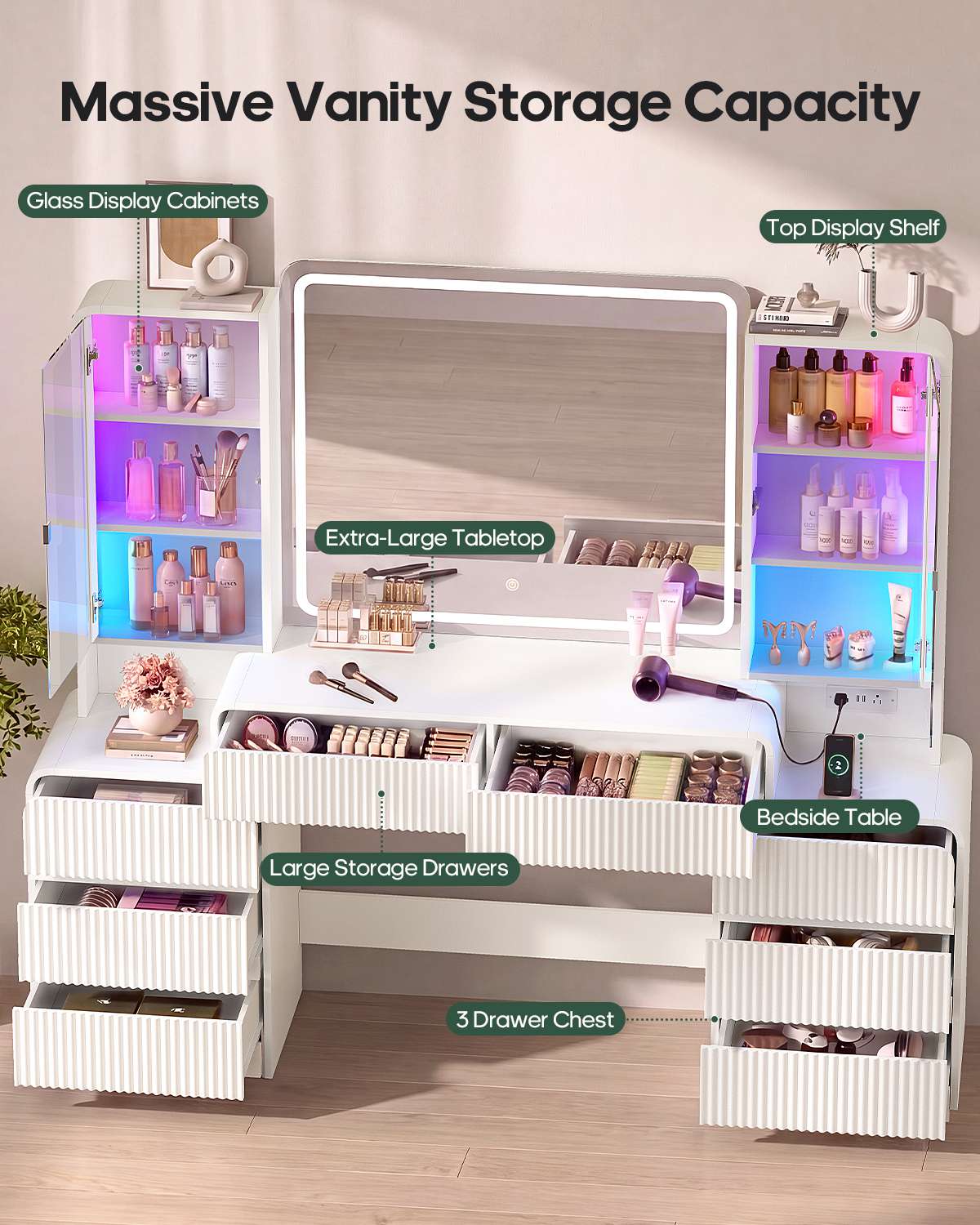 HAUOMS 63 Inch Makeup Vanity with Mirror and Charging Station Fluted Wood Big Vanity with Glass Cabinet and 8 Drawers Curved Dressing Table for Girls and Women