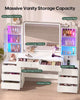 HAUOMS 63 Inch Makeup Vanity with Mirror and Charging Station Fluted Wood Big Vanity with Glass Cabinet and 8 Drawers Curved Dressing Table for Girls and Women