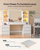 HAUOMS 63 Inch Makeup Vanity with Mirror and Charging Station Fluted Wood Big Vanity with Glass Cabinet and 8 Drawers Curved Dressing Table for Girls and Women