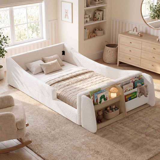 HAUOMS Twin Floor Bed with Bookshelf Low Montessori 2-in-1 Beds Upholstered Frame No Box Spring Needed for Girls and Boys