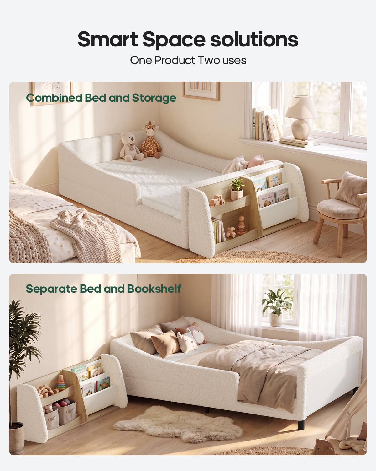 HAUOMS Twin Floor Bed with Bookshelf Low Montessori 2-in-1 Beds Upholstered Frame No Box Spring Needed for Girls and Boys