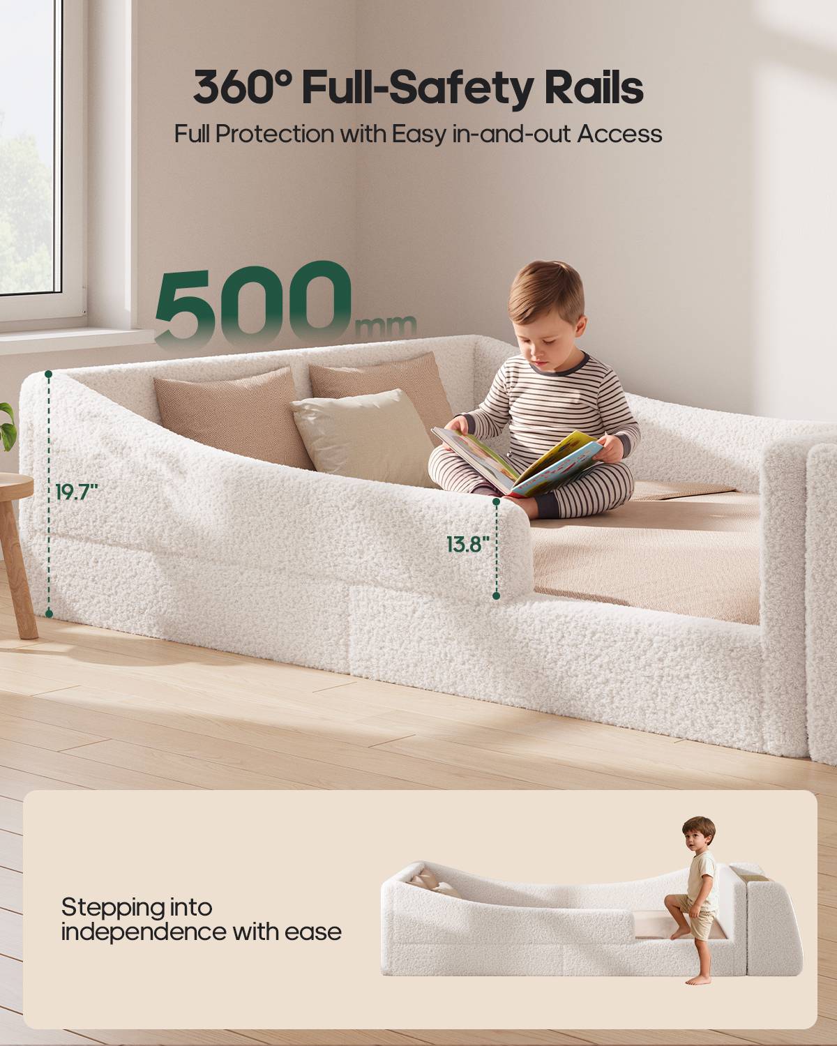 HAUOMS Twin Floor Bed with Bookshelf Low Montessori 2-in-1 Beds Upholstered Frame No Box Spring Needed for Girls and Boys
