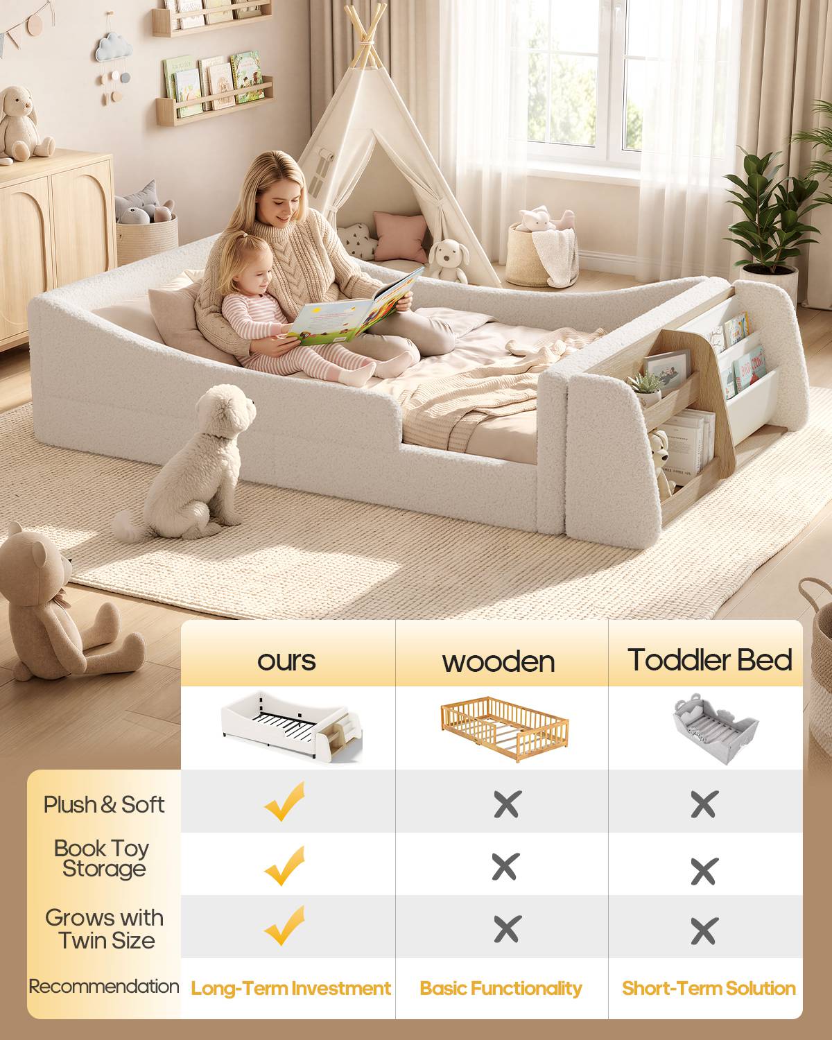 HAUOMS Twin Floor Bed with Bookshelf Low Montessori 2-in-1 Beds Upholstered Frame No Box Spring Needed for Girls and Boys