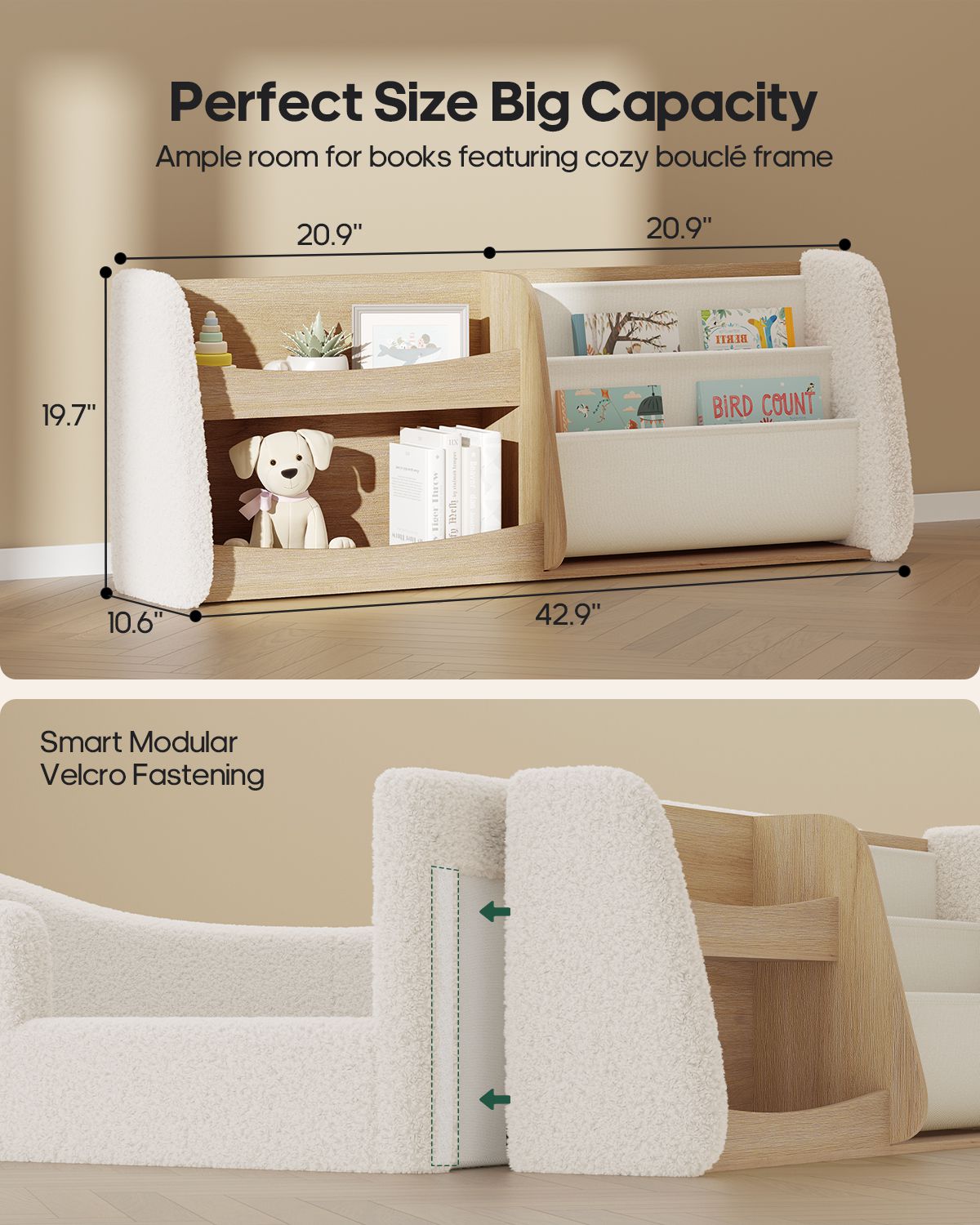 HAUOMS Twin Floor Bed with Bookshelf Low Montessori 2-in-1 Beds Upholstered Frame No Box Spring Needed for Girls and Boys